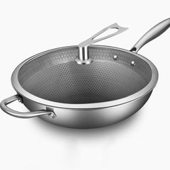 SOGA 2X 34cm Stainless Steel Tri-Ply Frying Cooking Fry Pan Textured Non Stick Skillet with Glass Lid and Helper Handle