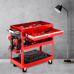 SOGA 2X 3 Tier Tool Storage Cart Portable Service Utility Heavy Duty Mobile Trolley with Drawer and Hooks Red