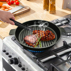 SOGA 26cm Round Ribbed Cast Iron Frying Pan Skillet Steak Sizzle Platter with Handle