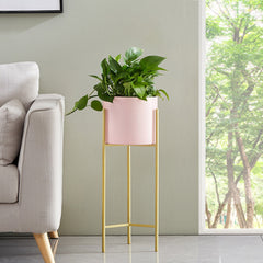 SOGA 2X 2 Layer 42cm Gold Metal Plant Stand with Pink Flower Pot Holder Corner Shelving Rack Indoor Display