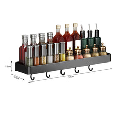 SOGA 32cm Black Wall-Mounted Rectangular Kitchen Spice Storage Organiser Space Saving Condiments Shelf Rack with Hooks