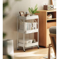 SOGA 2X 3 Tier Steel White Foldable Kitchen Cart Multi-Functional Shelves Storage Organizer with Wheel