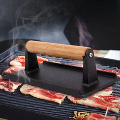 SOGA 2X Cast Iron Bacon Meat Steak Press Grill BBQ with Wood Handle Weight Plate