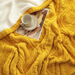 SOGA 200x230cm Throw Blanket Yellow and White Chenille Fleece Knitted Fabric on One Side Soft Suede