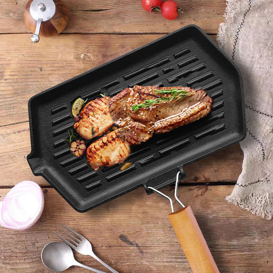 SOGA Rectangular Cast Iron Griddle Grill Pan with Folding Wooden Handle