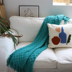 SOGA 2X Teal Diamond Pattern Knitted Throw Blanket Warm Cozy Woven Cover Couch Bed Sofa Home Decor with Tassels