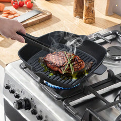 SOGA 26cm Square Ribbed Cast Iron Frying Pan SkilletSteak Sizzle Platter with Handle