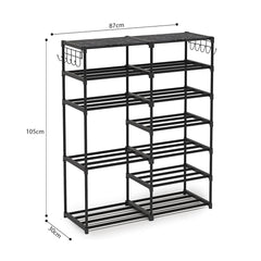 SOGA 12-Shelf Tier Shoe Storage Shelf Space-Saving Caddy Rack Organiser with Side Hooks Black