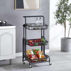 SOGA 3 Tier Steel Black Adjustable Kitchen Cart Multi-Functional Shelves Storage Organizer with Wheels