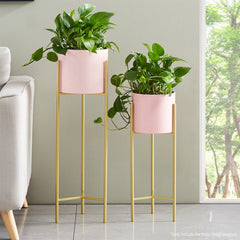 SOGA 4X 2 Layer 60cm Gold Metal Plant Stand with Pink Flower Pot Holder Corner Shelving Rack Indoor Display