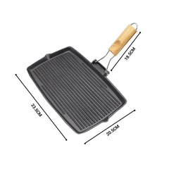 SOGA 20.5cm Rectangular Cast Iron Griddle Grill Frying Pan with Folding Wooden Handle