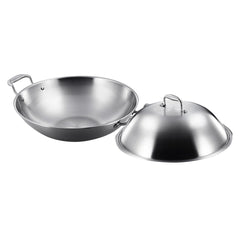 SOGA 2X 3-Ply 38cm Stainless Steel Double Handle Wok Frying Fry Pan Skillet with Lid