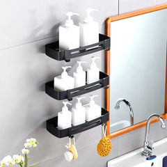 SOGA 2X Black Wall-Mounted Rectangular Bathroom Storage Organiser Space Saving Adhesive Shelf Rack with Hooks