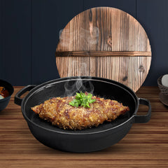 SOGA 2X 31cm Round Cast Iron Pre-seasoned Deep Baking Pizza Frying Pan Skillet with Wooden Lid