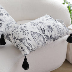 SOGA 35cm Throw Pillow  Black and White Floral Print Elegant with Tassel Accents Home Decor