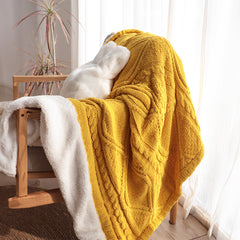 SOGA 200x230cm Throw Blanket Yellow and White Chenille Fleece Knitted Fabric on One Side Soft Suede