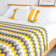 SOGA 2X 220cm Yellow Zigzag Striped Throw Blanket Acrylic Wave Knitted Fringed Woven Cover Couch Bed Sofa Home Decor