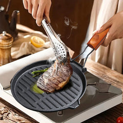 SOGA 24cm Round Ribbed Cast Iron Steak Frying Grill Skillet Pan with Folding Wooden Handle