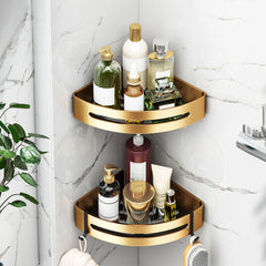 SOGA Gold Wall-Mounted Triangular Bathroom Storage Corner Vanity Organiser Space Saving Adhesive Shelf Rack with Hooks