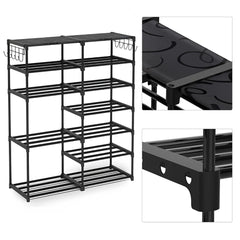 SOGA 12-Shelf Tier Shoe Storage Shelf Space-Saving Caddy Rack Organiser with Side Hooks Black