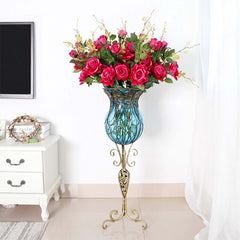 SOGA 85cm Blue Glass Floor Vase with Tall Metal Flower Stand