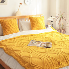 SOGA 2X 200x230cm Throw Blanket Yellow and White Chenille Fleece Knitted Fabric on One Side Soft Suede