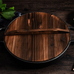 SOGA 2X 29cm Round Cast Iron Pre-seasoned Deep Baking Pizza Frying Pan Skillet with Wooden Lid