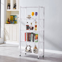 SOGA 5 Tier Steel White Foldable Kitchen Cart Multi-Functional Shelves Storage Organizer with Wheels