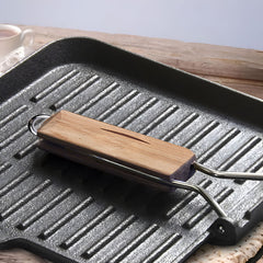 SOGA 28cm Ribbed Cast Iron Square Steak Frying Grill Skillet Pan with Folding Wooden Handle