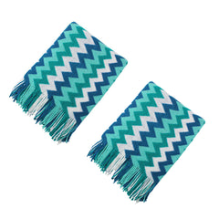 SOGA 2X 170cm Blue Zigzag Striped Throw Blanket Acrylic Wave Knitted Fringed Woven Cover Couch Bed Sofa Home Decor