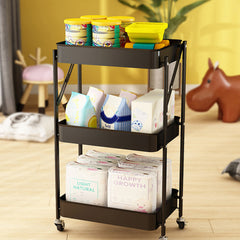 SOGA 3 Tier Steel Black Foldable Kitchen Cart Multi-Functional Shelves Storage Organizer with Wheels