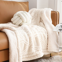 SOGA 2X 200x230cm Throw Blanket White Chenille Fleece Knitted Fabric on One Side Soft Suede