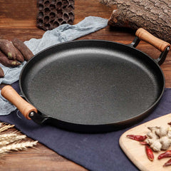 SOGA 35cm Cast Iron Frying Pan Skillet Steak Sizzle Fry Platter With Wooden Handle No Lid