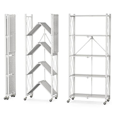 SOGA 5 Tier Steel White Foldable Kitchen Cart Multi-Functional Shelves Storage Organizer with Wheels