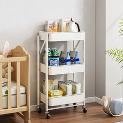 SOGA 2X 3 Tier Steel White Foldable Kitchen Cart Multi-Functional Shelves Storage Organizer with Wheel