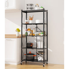 SOGA 2X 5 Tier Steel Black Foldable Kitchen Cart Multi-Functional Shelves Storage Organizer with Wheels