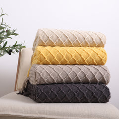 SOGA 2X Beige Diamond Pattern Knitted Throw Blanket Warm Cozy Woven Cover Couch Bed Sofa Home Decor with Tassels